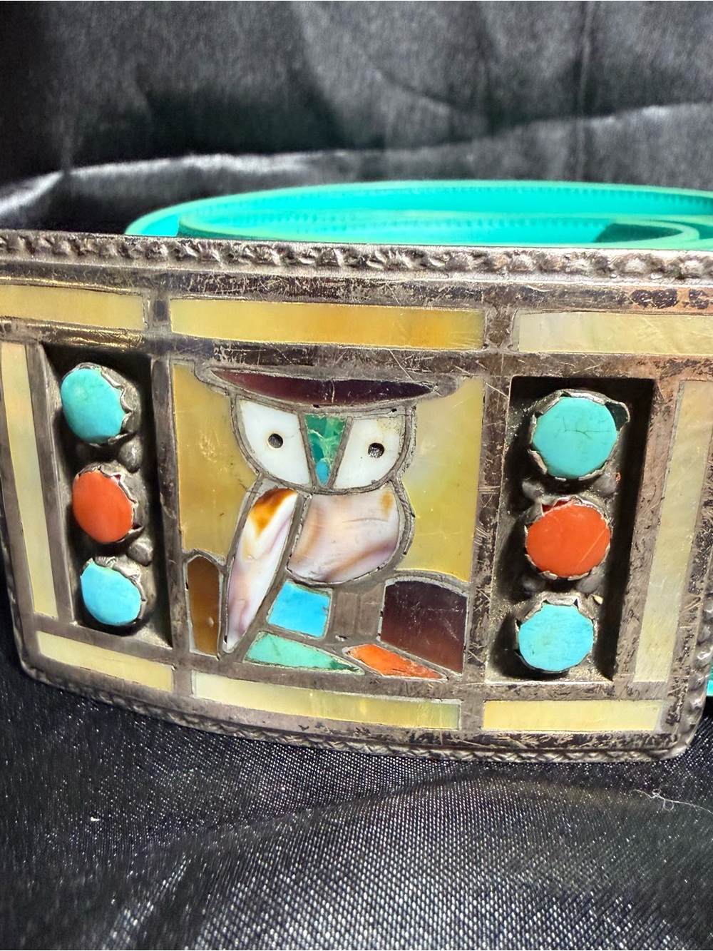 Zuni Owl 925 Sterling Silver Belt Buckle with Turquoise and Coral Inlay 1 1/2”